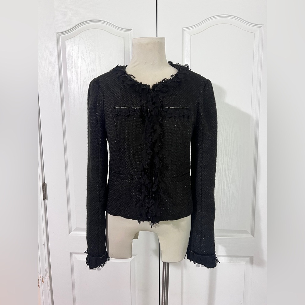 Love 21 Ruffle Shimmer Black Blazer with Hook and‎ Eye Closure - sz M